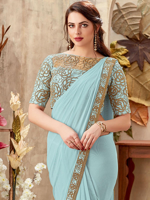 Women's Blue Lycra Designer Saree With Blouse - Odette