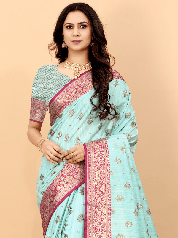 Women's Blue Magic Slub Silk Heavy Jari Wevon Designer Saree - Odette