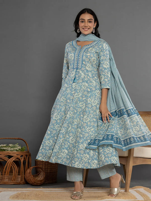 Blue Mirror_Work Cotton Anarkali Kurta Duppta Set