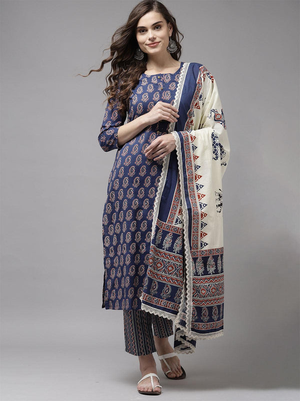 Women's Blue Printed A-Line Kurta Trouser With Dupatta Set - Odette