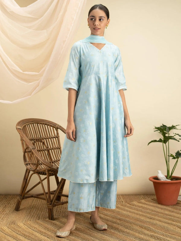 Blue Printed Chanderi Silk Suit Set - Jashvi