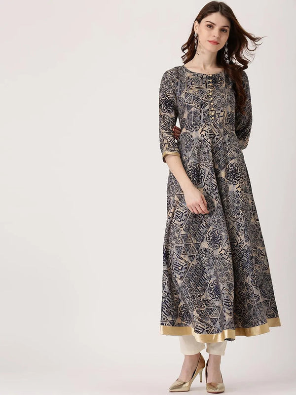 Blue Printed Chanderi Silk Kurta - Jashvi