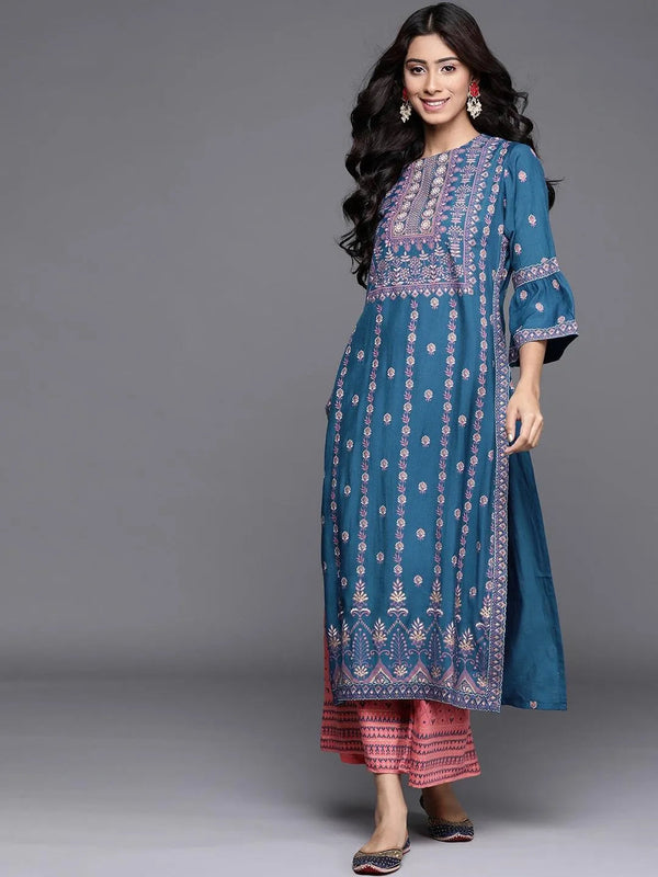 Blue Printed Chanderi Silk Kurta - Jashvi