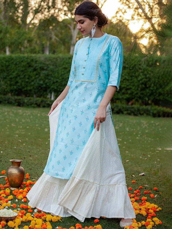 Blue Printed Chanderi Silk Kurta - Jashvi