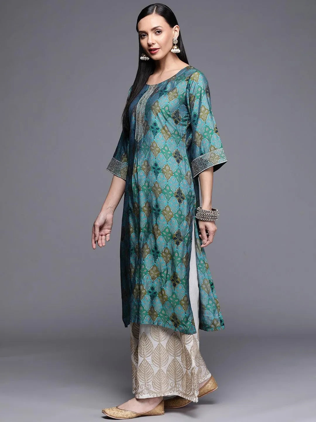 Blue Printed Chanderi Silk Kurta - Jashvi