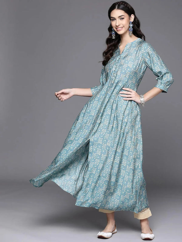 Blue Printed Chanderi Silk Kurta - Jashvi