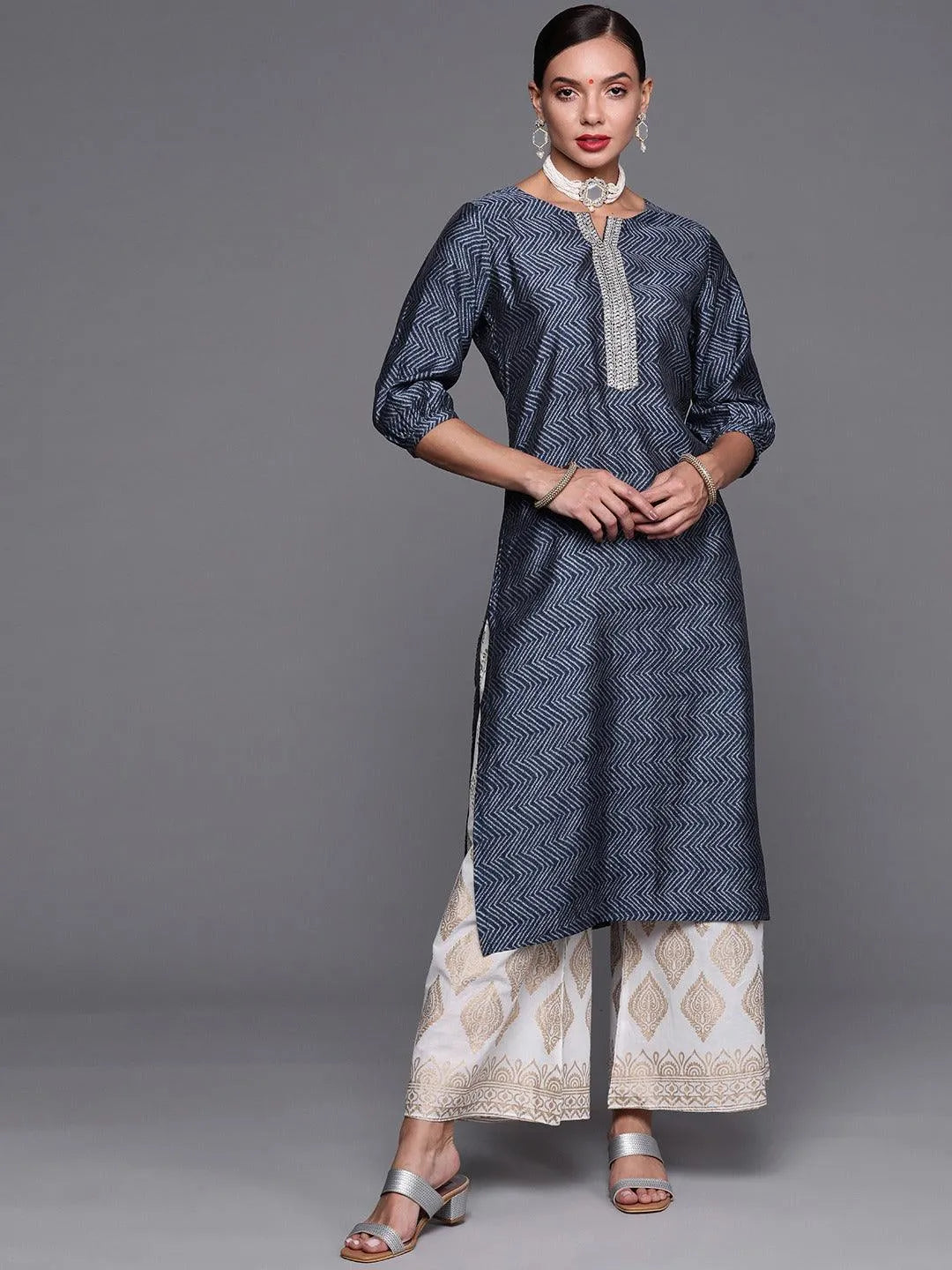 Blue Printed Chanderi Silk Kurta - Jashvi