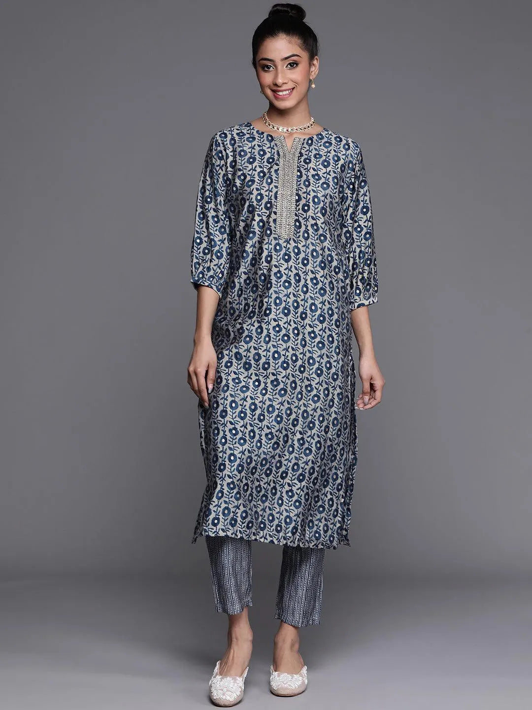 Blue Printed Chanderi Silk Kurta - Jashvi