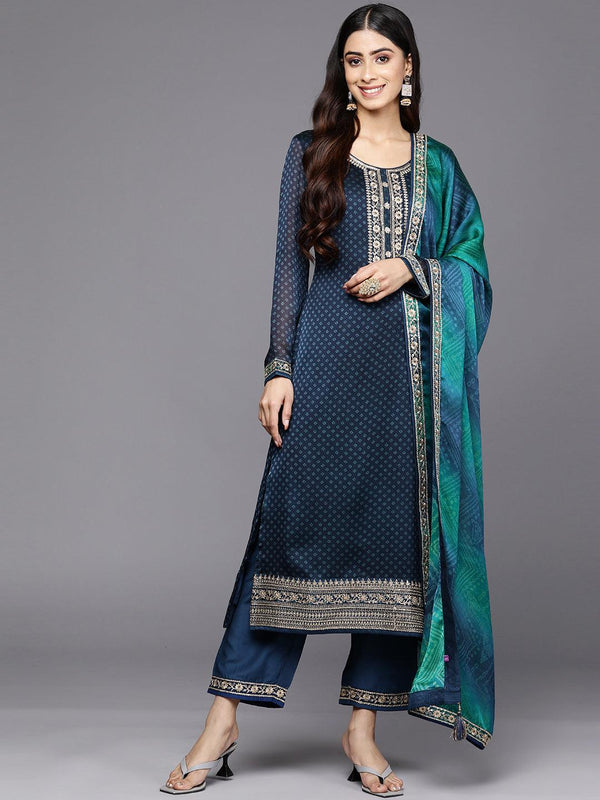 Blue Printed Chiffon Straight Suit Set With Trousers - Jashvi