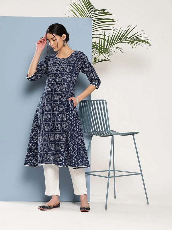 Blue Printed Cotton A-Line Kurta - Jashvi