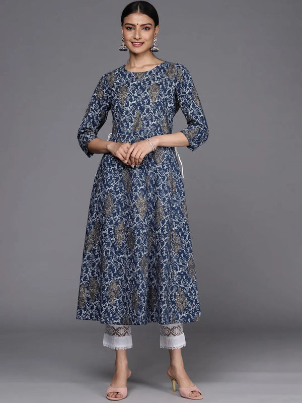 Blue Printed Cotton A-Line Kurta - Jashvi