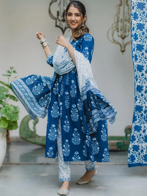 Blue Printed Cotton Suit Set - Jashvi