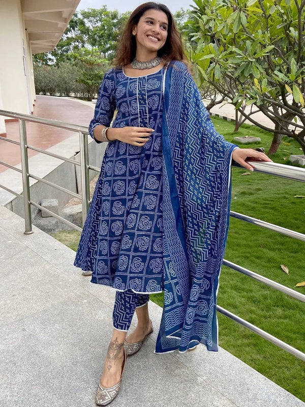 Blue Printed Cotton A-Line Suit Set - Jashvi