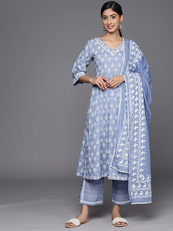 Blue Printed Cotton A-Line Suit Set With Trousers - Jashvi