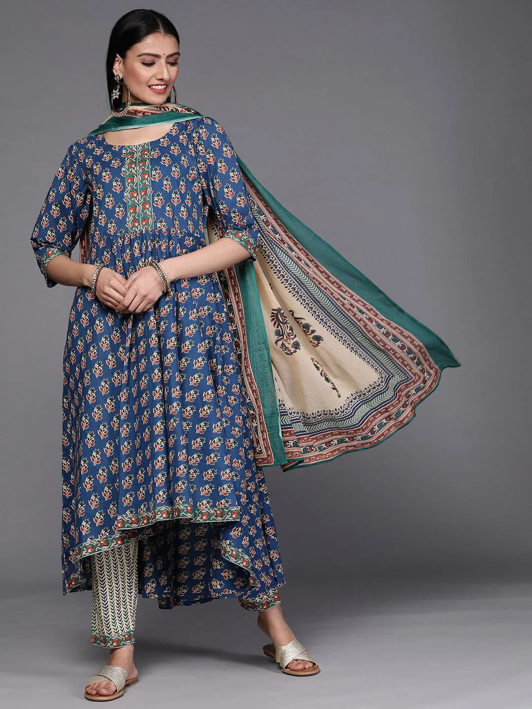 Blue Printed Cotton Suit Set - Jashvi