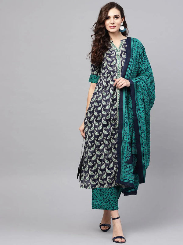 Blue Printed Cotton Suit Set - Jashvi