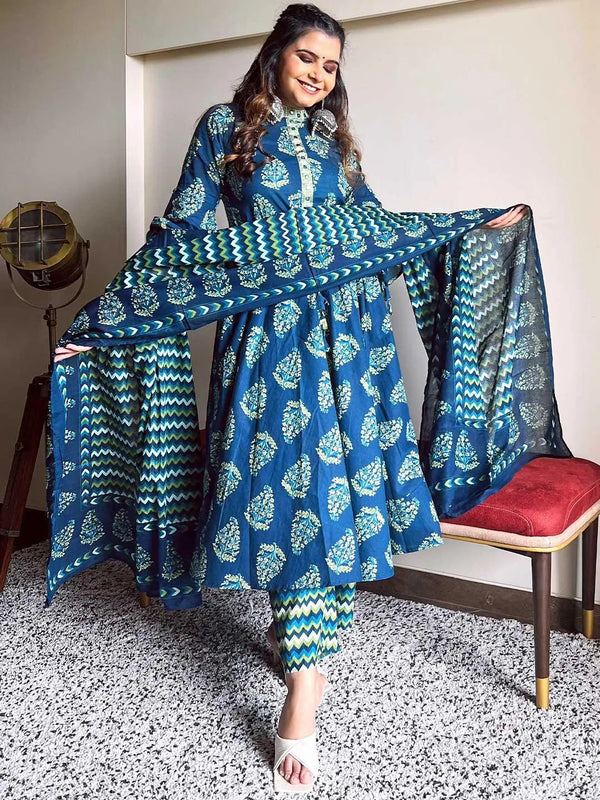 Blue Printed Cotton Suit Set - Jashvi