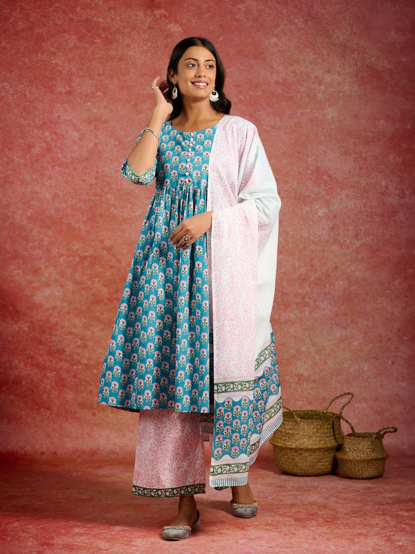 Blue Printed Cotton A-Line Kurta With Palazzos & Dupatta - Jashvi