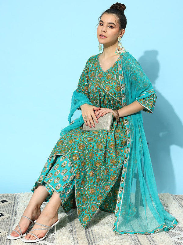 Blue Printed Cotton A-Line Kurta With Palazzos & Dupatta - Jashvi