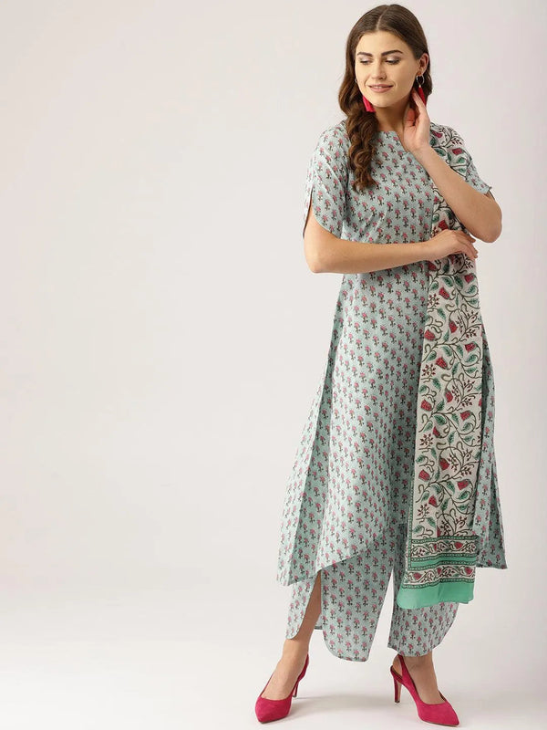 Blue Printed Cotton Suit Set - Jashvi