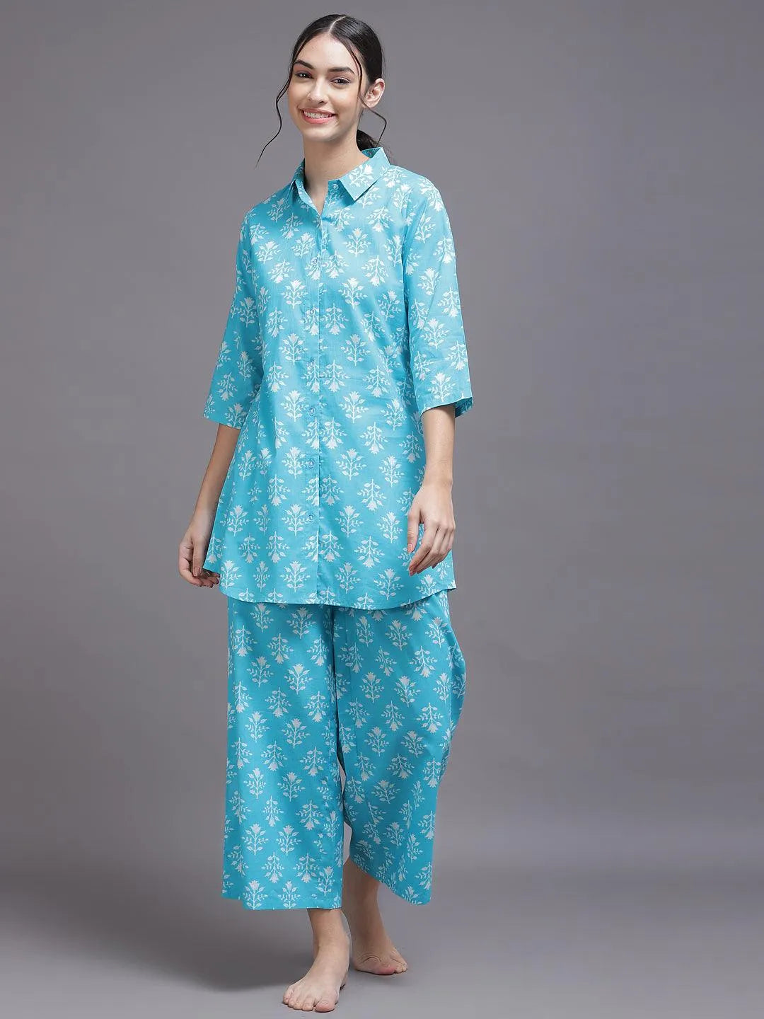 Blue Printed Cotton Night Suit - Jashvi