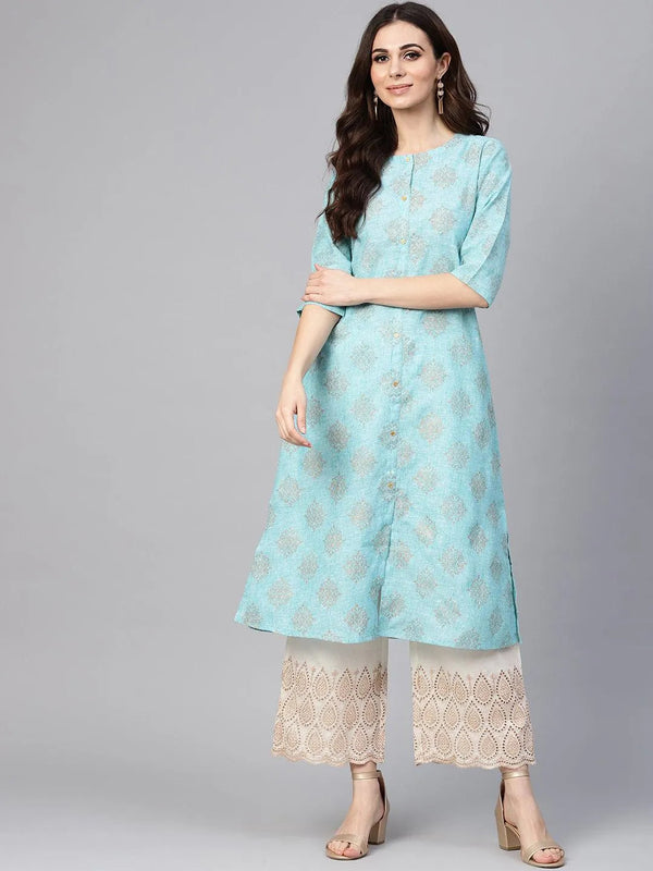 Blue Printed Cotton Kurta Set - Jashvi