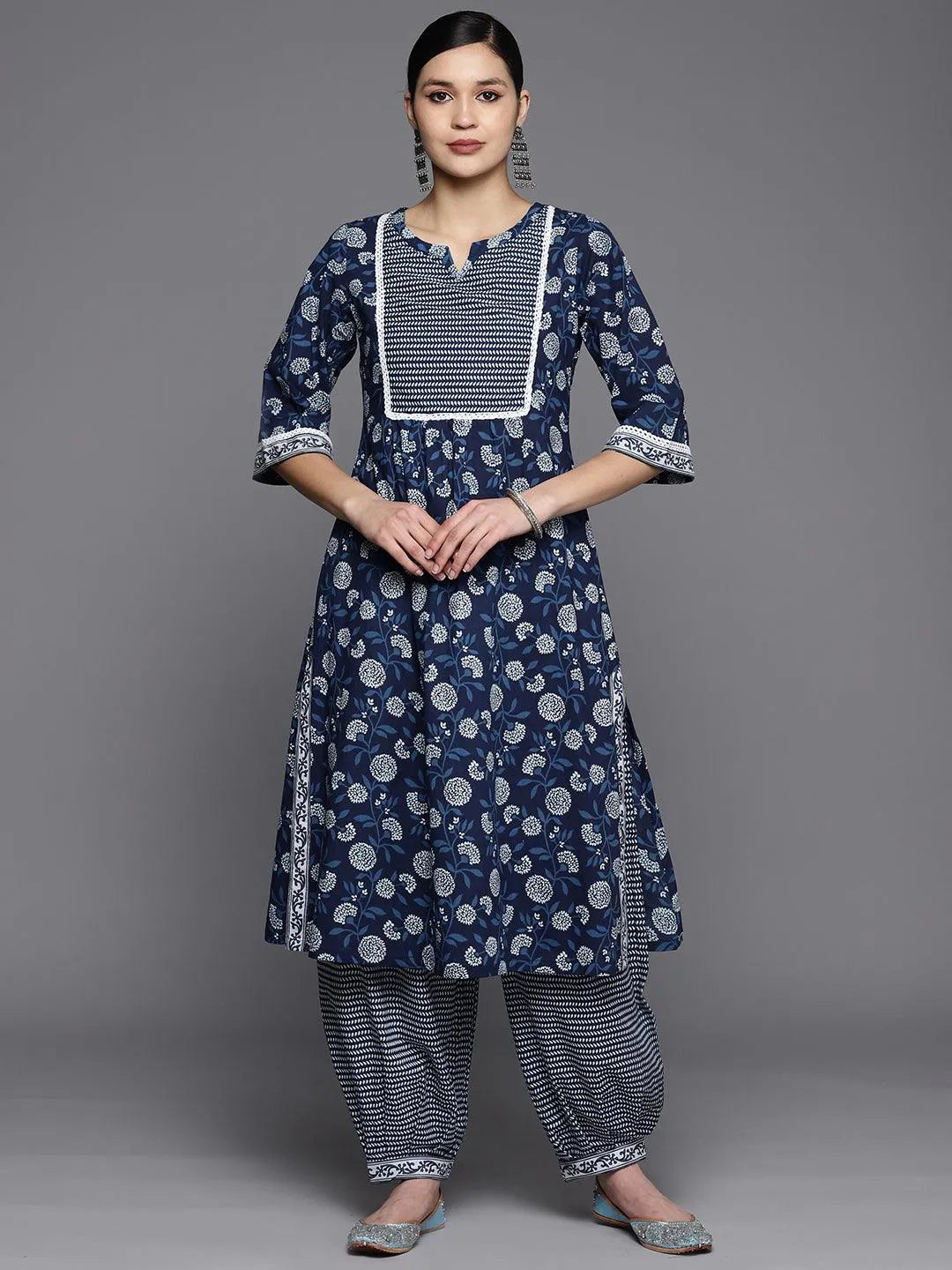 Blue Printed Cotton A-Line Kurta Set With Salwar - Jashvi