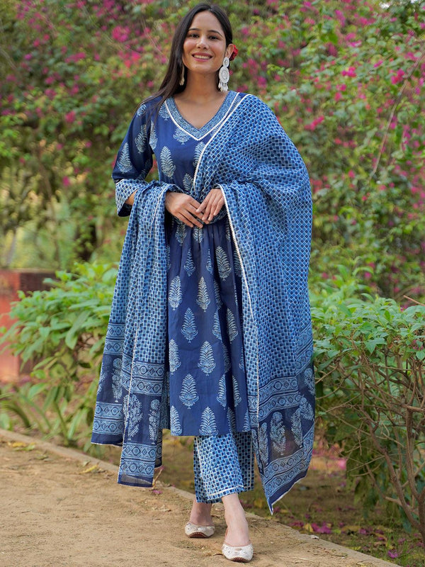 Blue Printed Cotton A-Line Kurta With Trousers & Dupatta - Jashvi