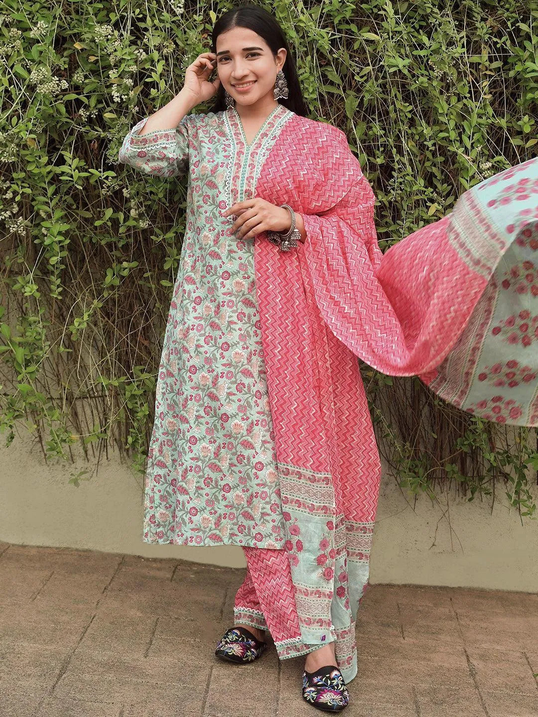 Blue Printed Cotton A-Line Kurta With Trousers & Dupatta - Jashvi