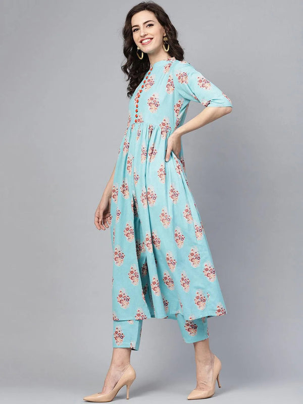 Blue Printed Cotton Kurta Set - Jashvi