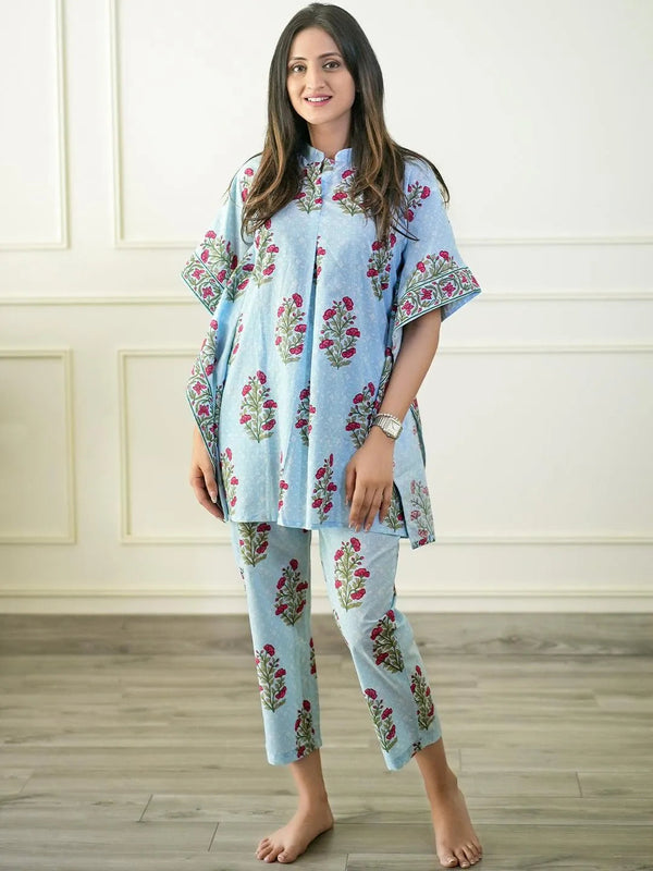 Blue Printed Cotton Night Suit - Jashvi