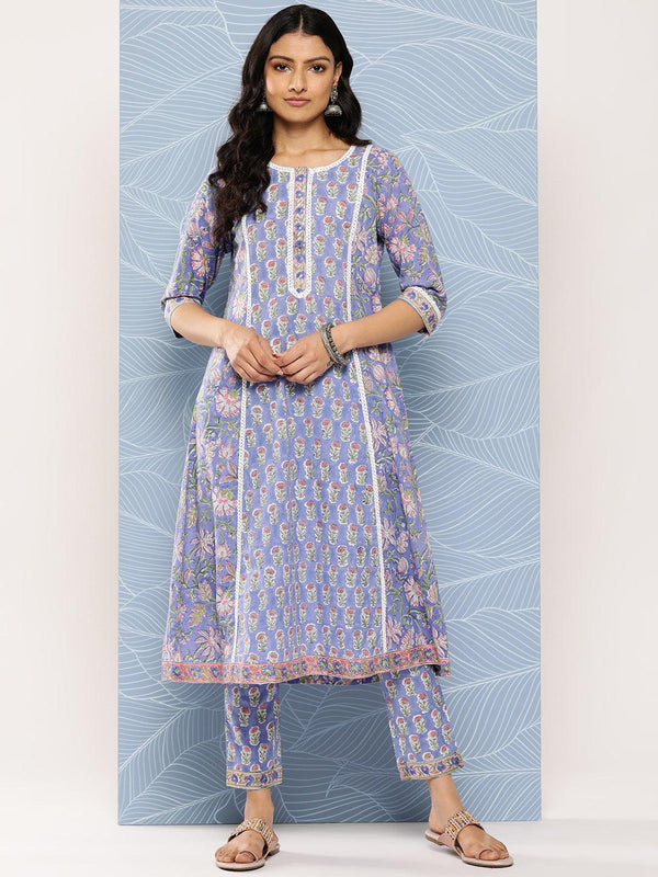 Blue Printed Cotton A-Line Kurta Set With Trousers - Jashvi