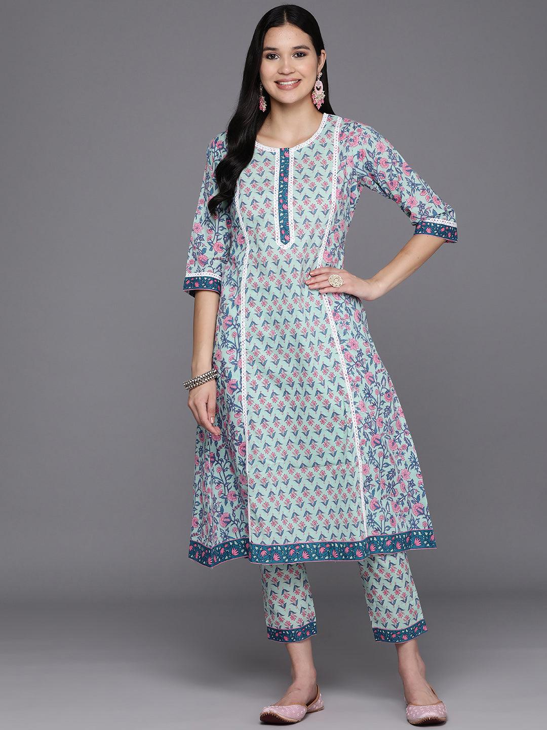 Blue Printed Cotton A-Line Kurta Set With Trousers - Jashvi