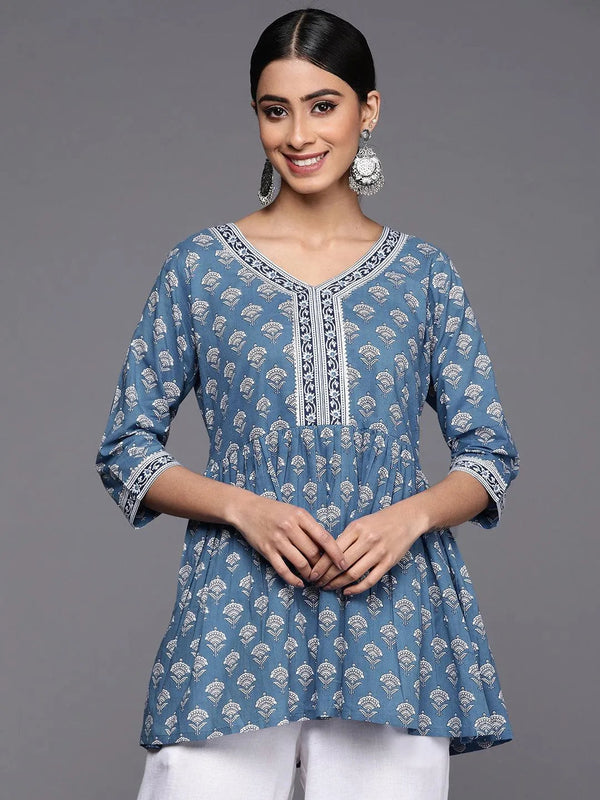 Blue Printed Cotton A-Line Kurti - Jashvi