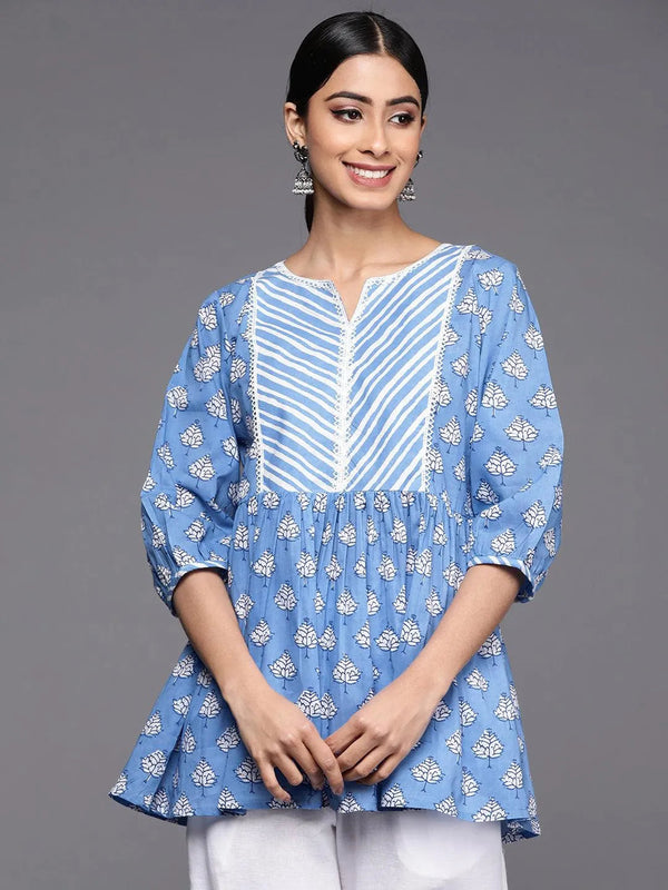 Blue Printed Cotton A-Line Kurti - Jashvi