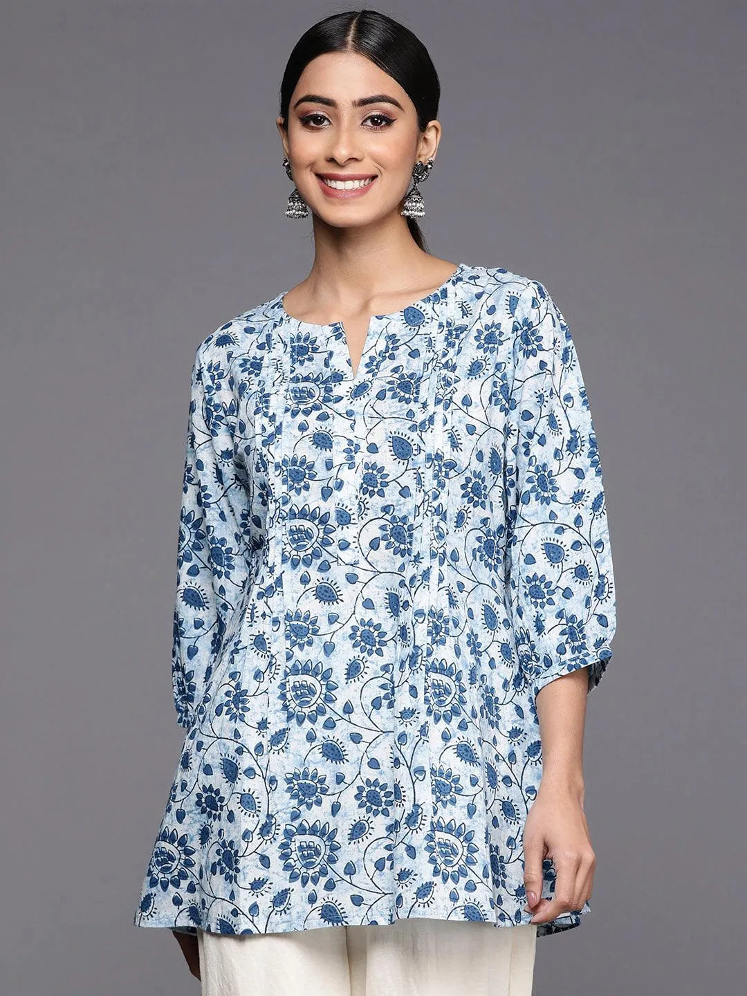 Blue Printed Cotton A-Line Kurti - Jashvi