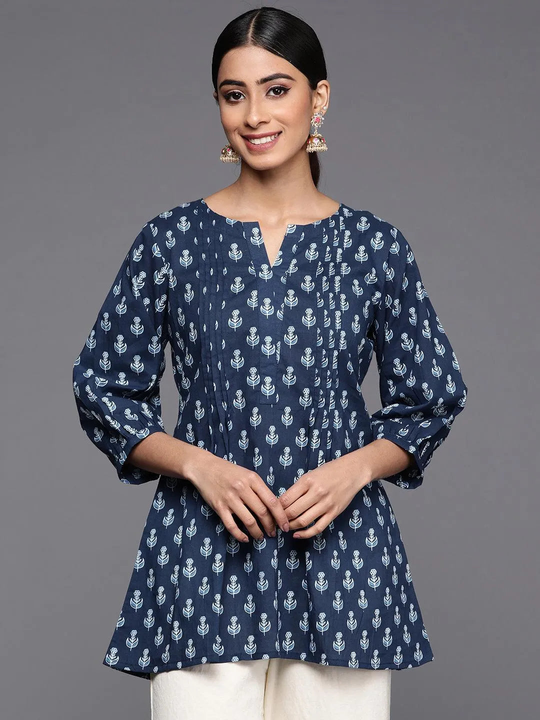 Blue Printed Cotton A-Line Kurti - Jashvi