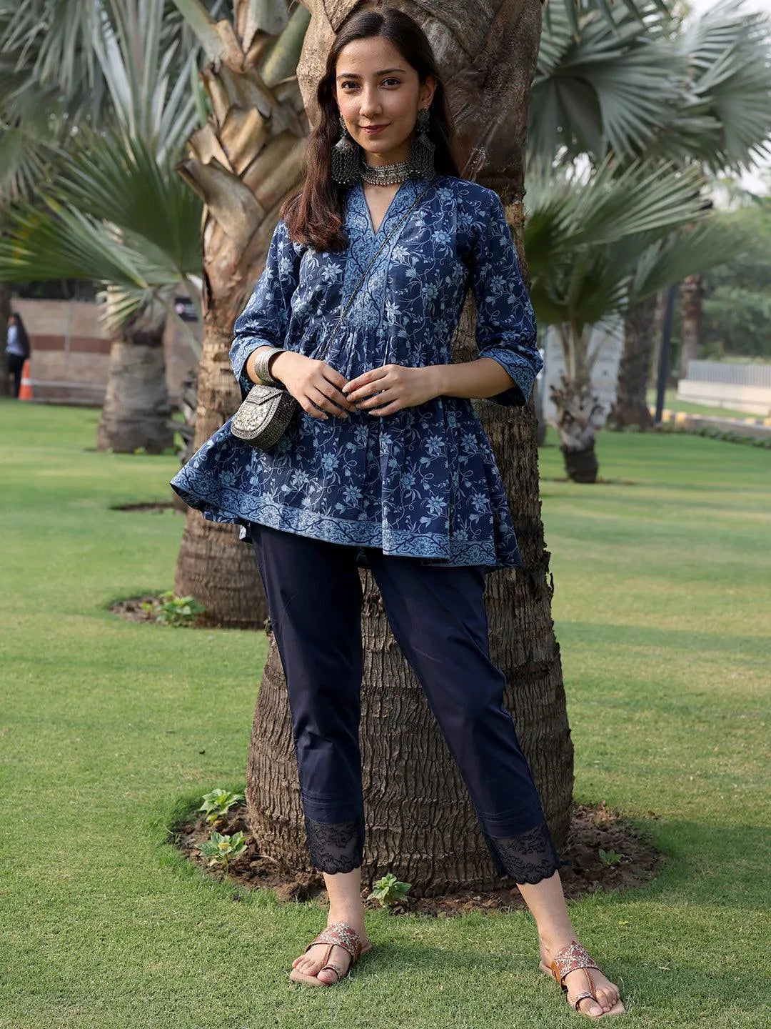 Blue Printed Cotton A-Line Kurti - Jashvi