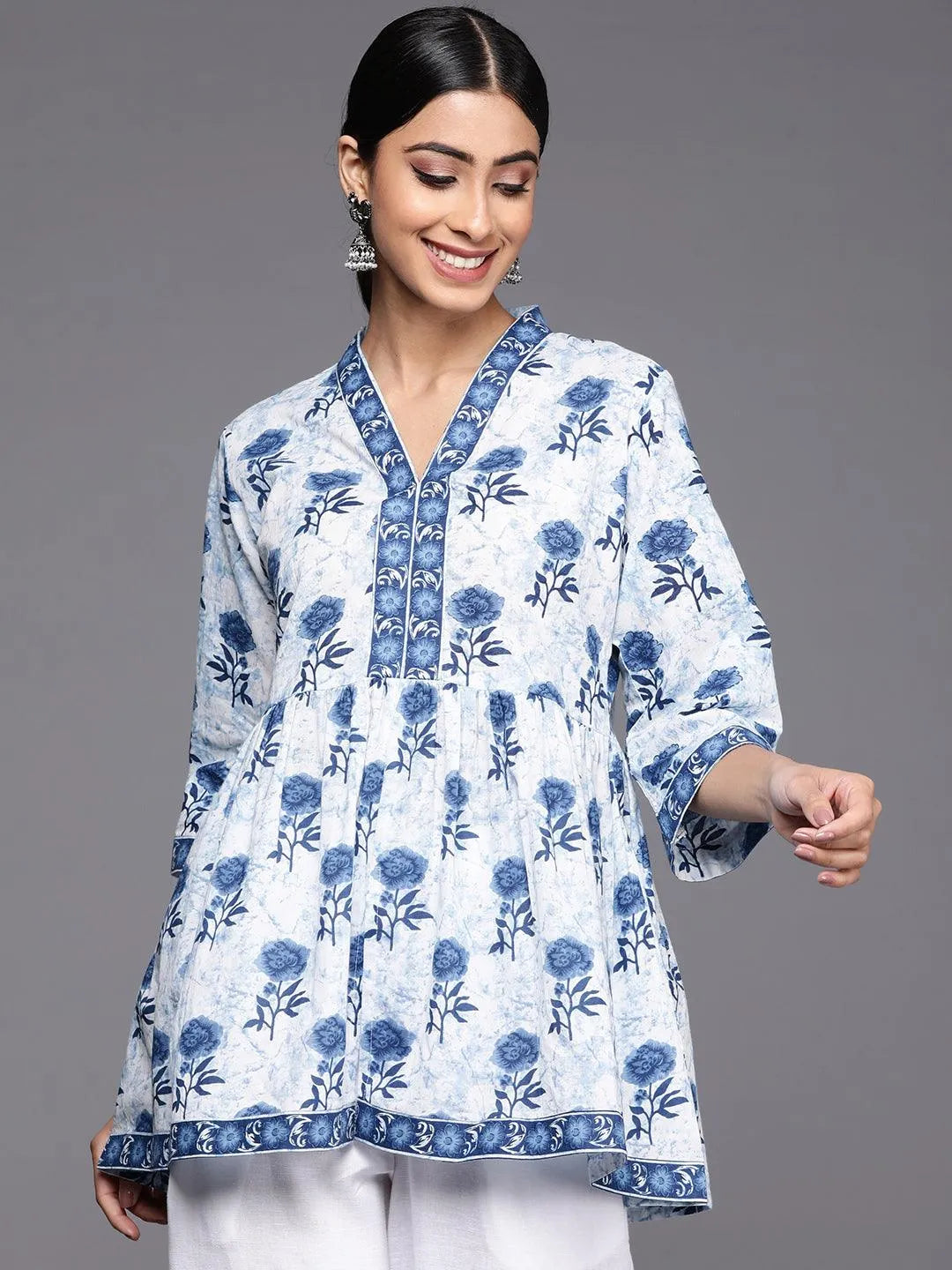 Blue Printed Cotton A-Line Kurti - Jashvi