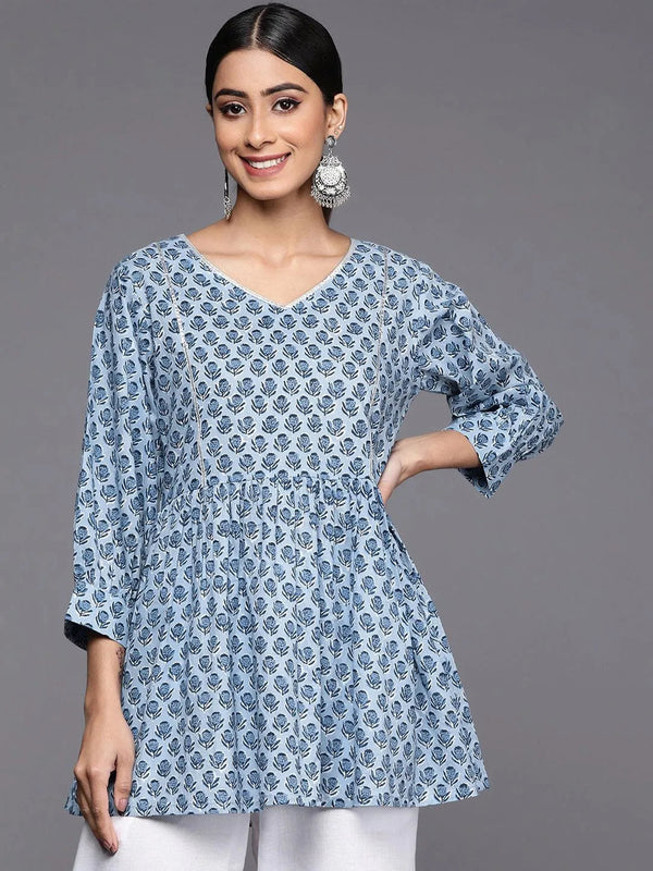 Blue Printed Cotton A-Line Kurti - Jashvi