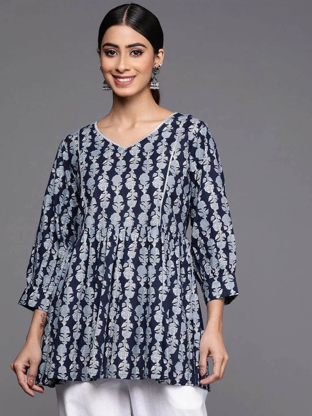 Blue Printed Cotton A-Line Kurti - Jashvi