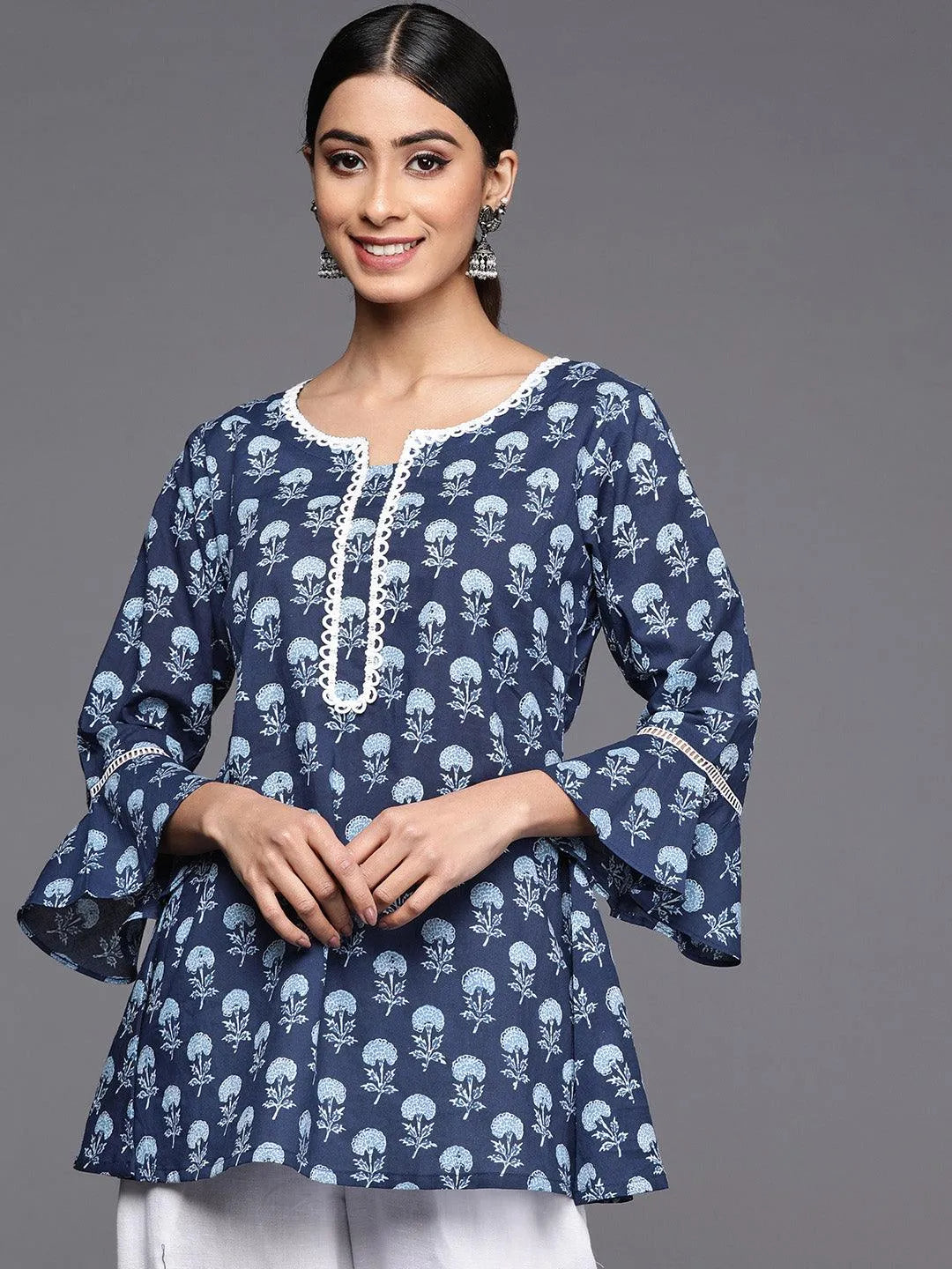 Blue Printed Cotton A-Line Kurti - Jashvi