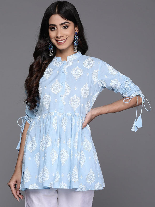 Blue Printed Cotton A-Line Kurti - Jashvi