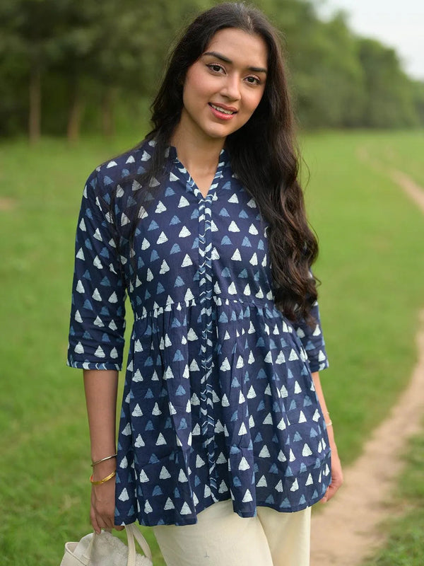 Blue Printed Cotton A-Line Kurti - Jashvi