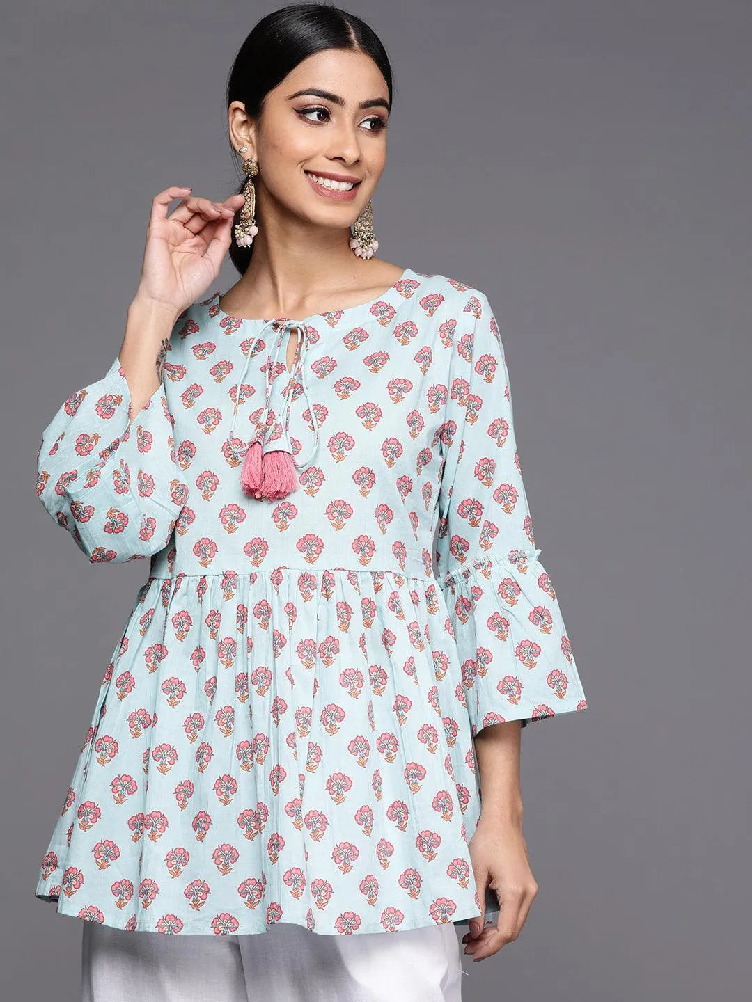 Blue Printed Cotton A-Line Kurti - Jashvi