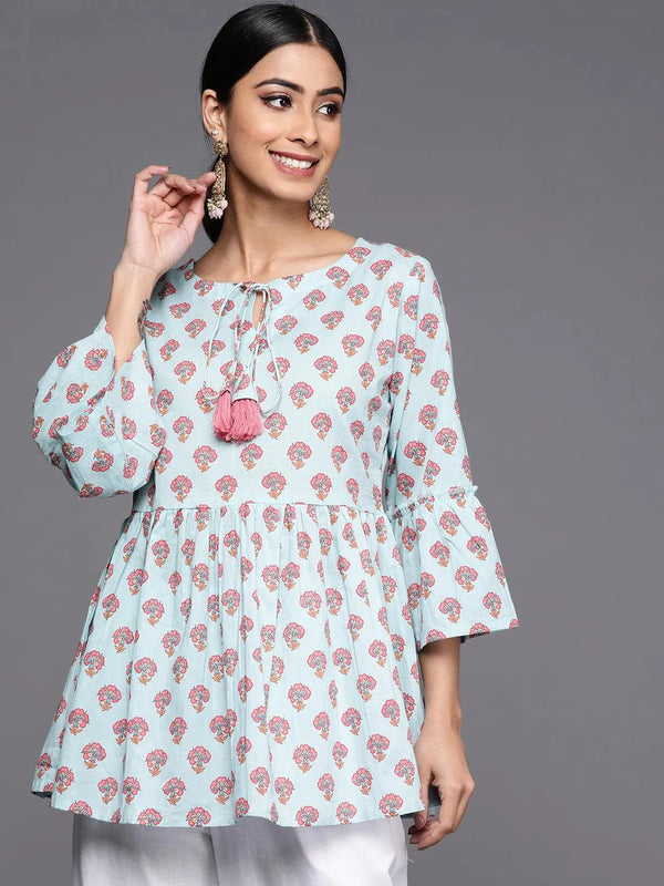 Blue Printed Cotton A-Line Kurti - Jashvi