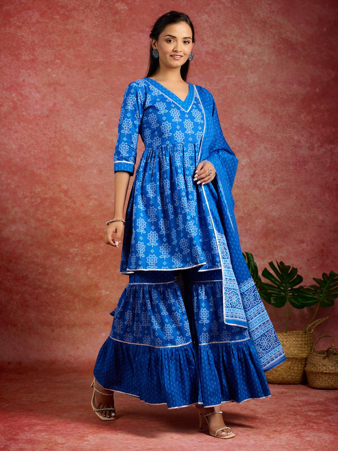 Blue Printed Cotton A-Line Kurti With Sharara & Dupatta - Jashvi