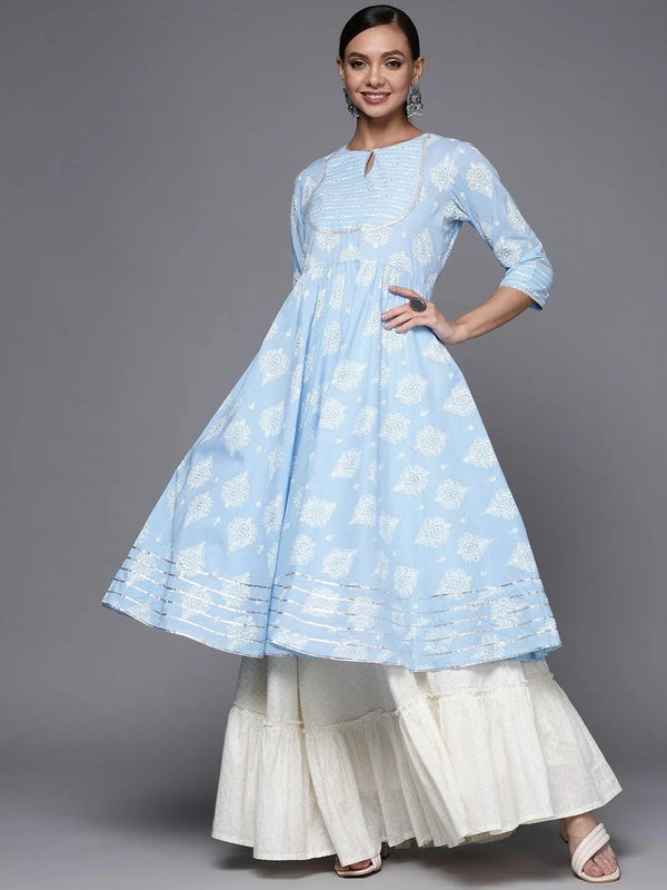 Blue Printed Cotton Anarkali Kurta - Jashvi