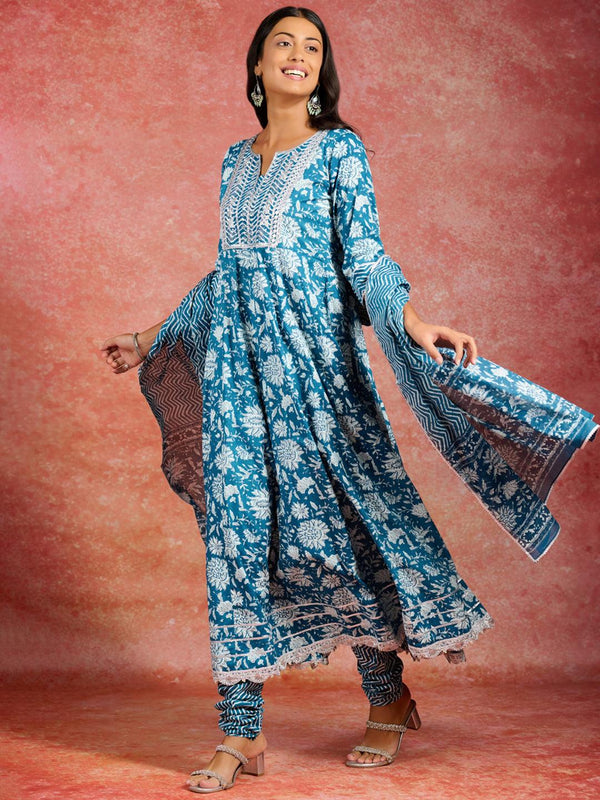 Blue Printed Cotton Anarkali Kurta With Churidar & Dupatta - Jashvi