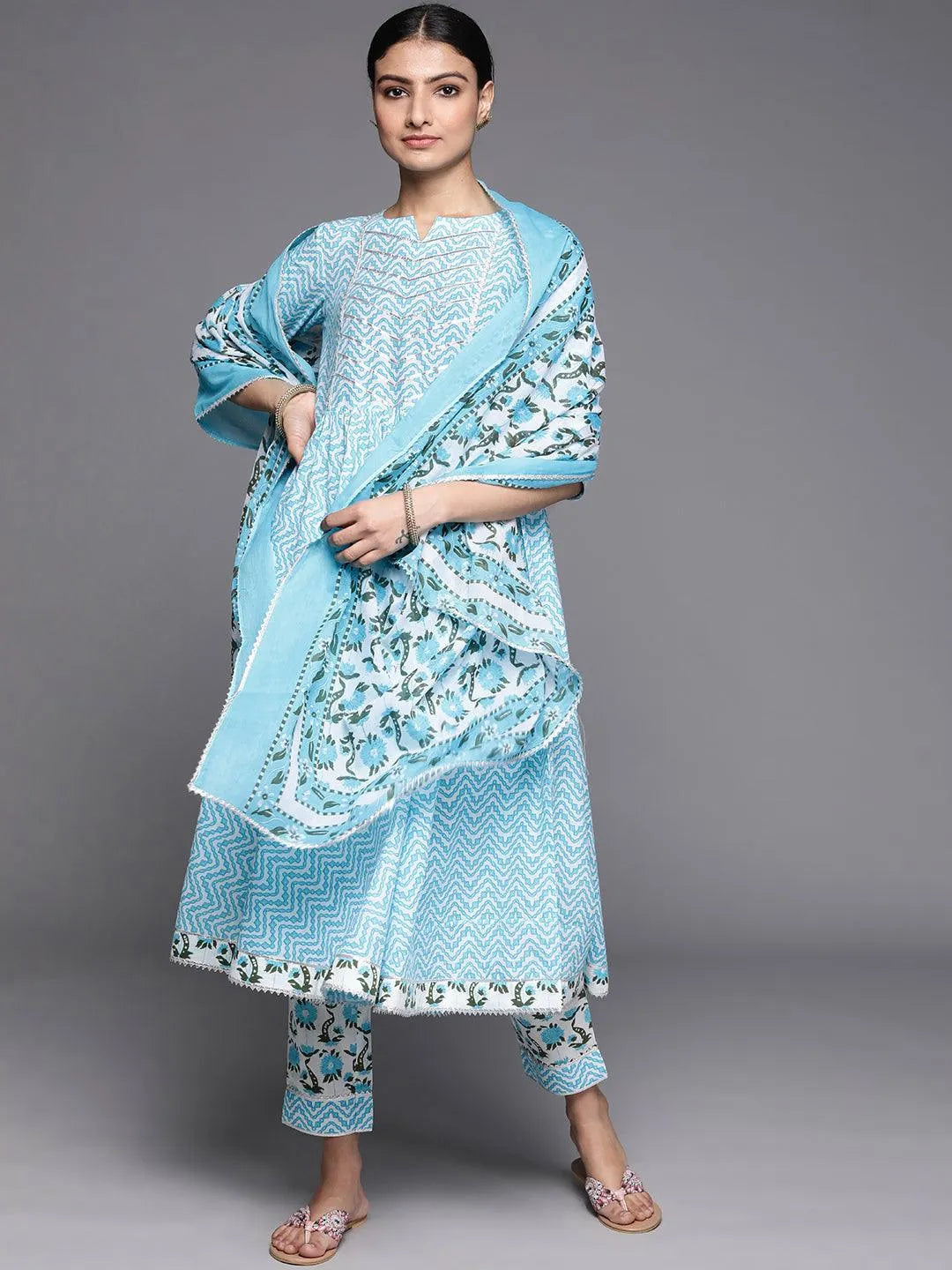 Blue Printed Cotton Suit Set - Jashvi